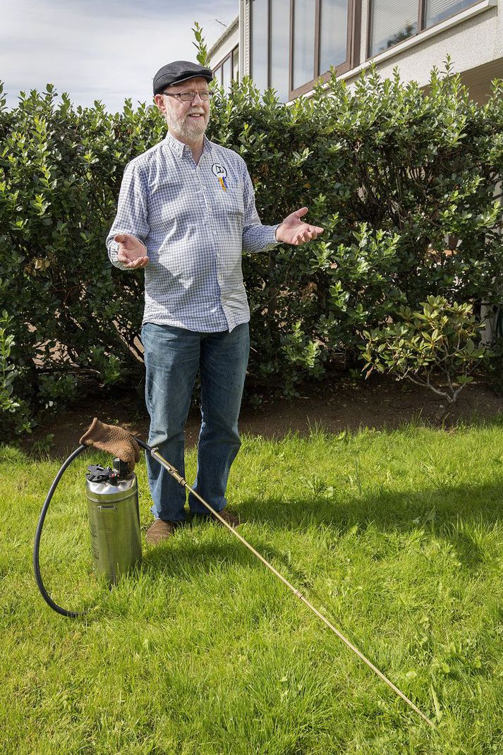 Ólafur Sigurðsson var í gær í Vesturbænum í Reykjavík að eyða geitungabúi sem var þar upp uppi í tré.