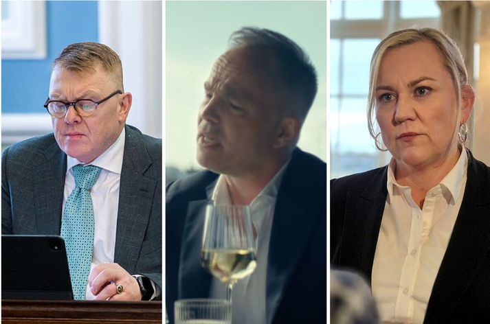 Jón Gnarr þingmaður og Þorbjörg Sigríður Gunnlaugsdóttir dómsmálaráðherra, bæði úr Viðreisn. Fyrir miðju er leikarinn Jon Øigarden í auglýsingu SFS.
