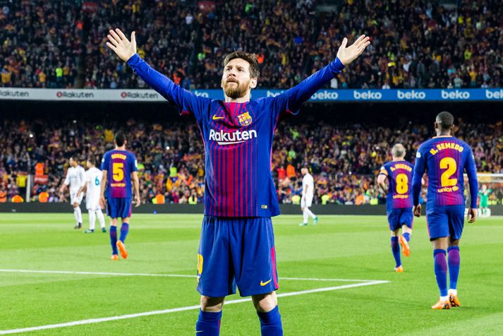 Lionel Messi fagnar einu af mörkum sínum í vetur.