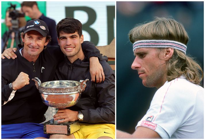 Carlos Alcaraz með þjálfaranum Juan Carlos Ferrero en þeir hafa náð frábærum árangri saman. Nú er samstarfi þeirra lokið. Til hægri er Björn Borg í einum af síðustu leikjum sinum þá aðeins 25 ára gamall.