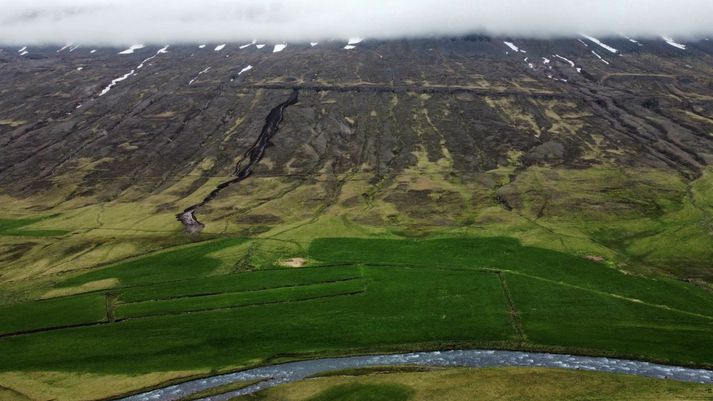 Í forgrunni er Eyjafjarðará. Skriðan á upptök sín í miðri hlíð og nemur staðar neðarlega í hlíðinni.