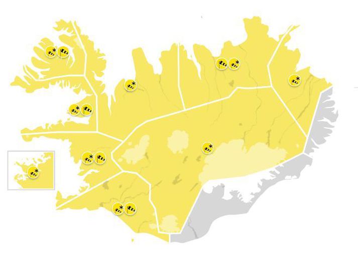 Gul viðvörun er í gildi víða um landið.