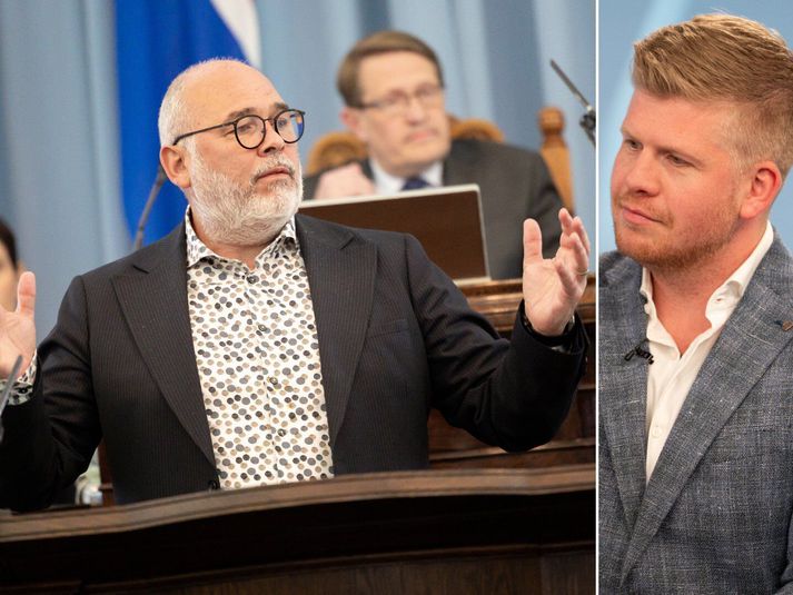 Logi Einarsson ráðherra, til vinstri, segir armslengdarsjónarmið eiga sérstaklega vel við um Fjölmiðlanefnd, sem hefur sektað Þórarin Hjartarson, til hægri, um hálfa milljón króna.