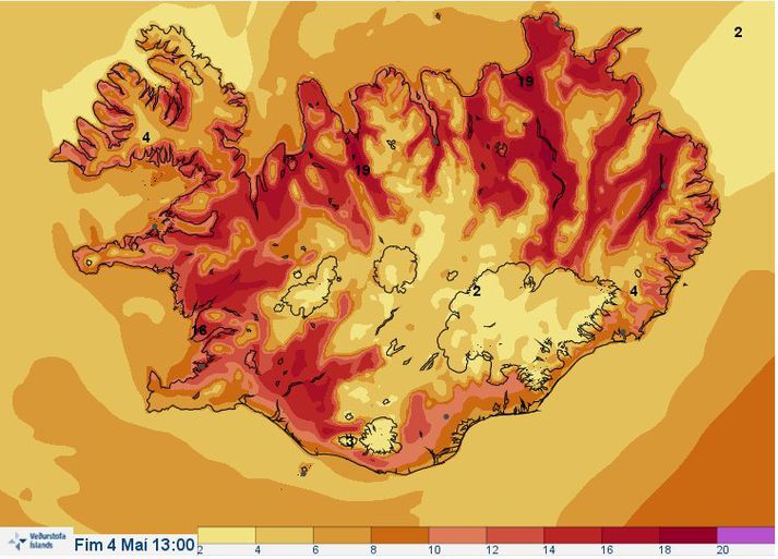 Veðurspáin fyrir næstu daga er vorleg í meira lagi með hægum vindum, sólskini og hita að tuttugu stigum á norður- og austurlandi.