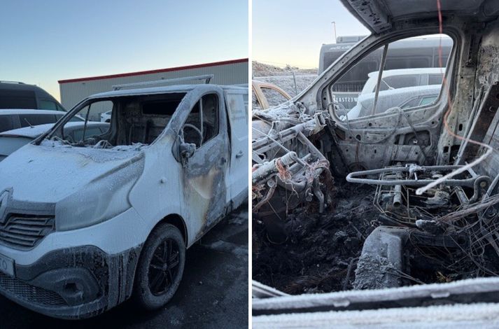 Vinnubíllinn hans Davíðs daginn eftir íkveikjuna.