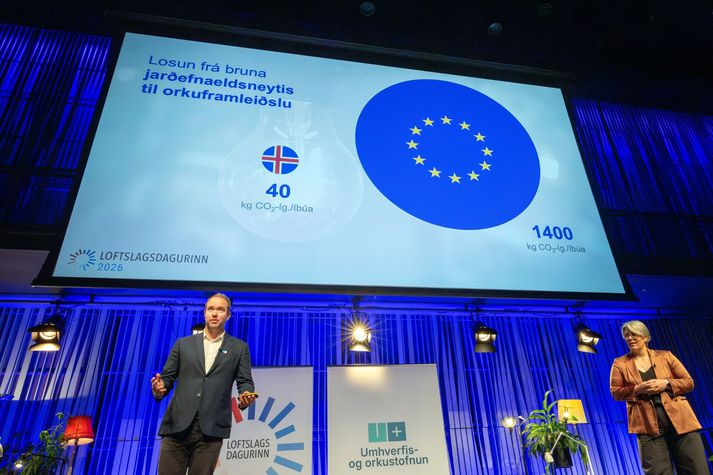 Elín Björk Jónasdóttir, sérfræðingur frá umhverfis-, orku- og loftslagsráðuneytinu, (t.h.) og Birgir Urbancic frá Umhverfis- og orkustofnun kynntu samanburð á losun miðað við höfðatölu á Loftslagsdeginum 2026 í Hörpu í morgun.