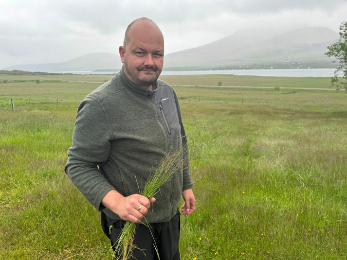 Pétur Davíðsson sauðfjárbóndi á Grund í Skorradal man ekki eftir annarri eins ótíð þegar kemur að heyskap og í ár.