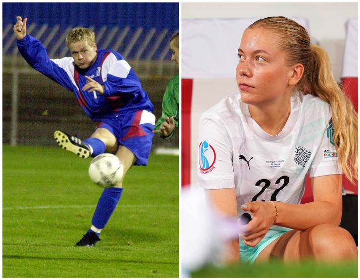 Andri Sigþórsson í leik með íslenska karlalandsliðinu en Amanda dóttir hans fékk að spila sínar fyrstu mínútur á Evrópumótinu í gær.