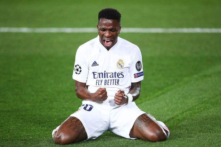 Vinicius Junior fagnar öðru marka sinna gegn Liverpool.