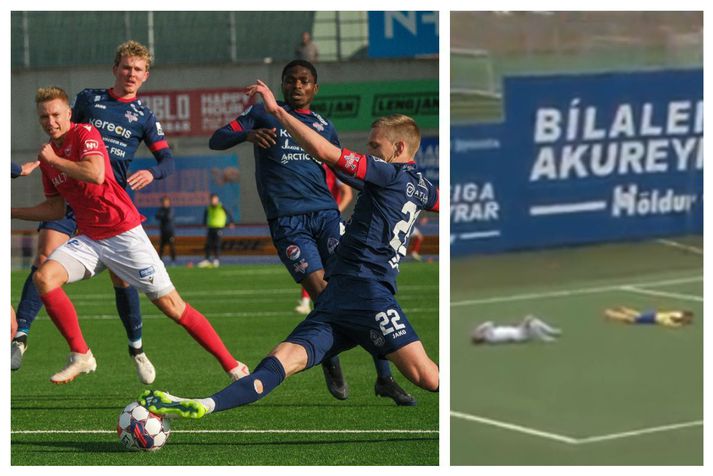 Leikmenn Vestra í baráttunni gegn Patrick Pedersen og svo Elvar Baldvinsson eftir að hann hélt hann hefði brotið af sér innan vítateigs.