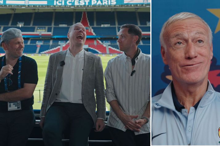 Stefáni þótti skot Kjartans Henrys fyndið og Deschamps fór hjá sér þegar hann hitti íslenska fréttamanninn.