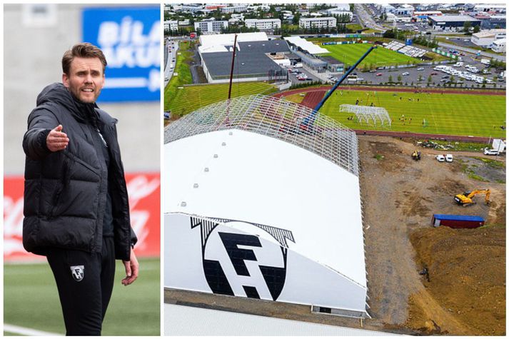 Davíð Þór Viðarsson segir FH-inga gera sitt besta við erfiðar aðstæður. Leikur helgarinnar fer fram á frjálsíþróttavellinum sem er hægra megin í mynd. Þar fyrir aftan má sjá Kaplakrikavöll.