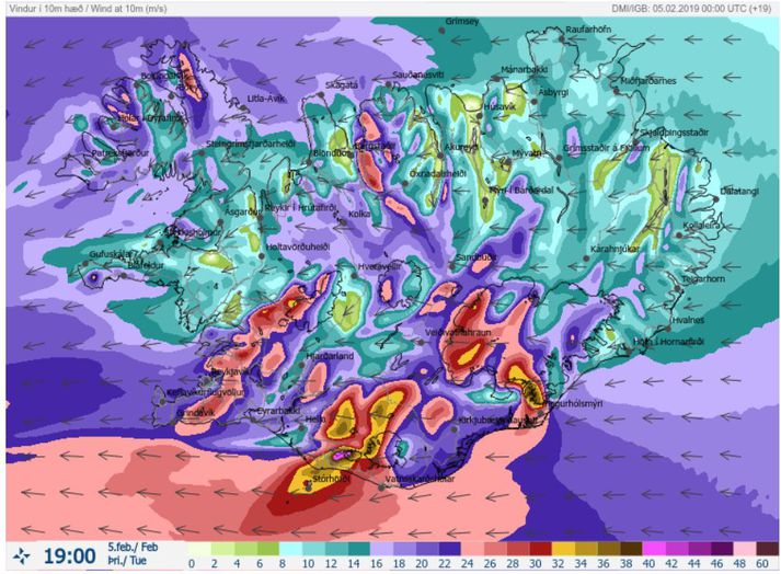 Búist er við því að veðrið nái hámarki um klukkan 19. Hér má sjá vindaspá Veðurstofunnar fyrir þann tíma.