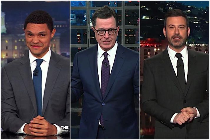 Trevor Noah, Stephen Colbert og Jimmy Kimmel spöruðu ekki stóru orðin.