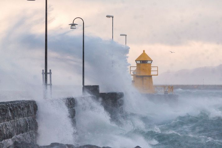 Öldugangur í miðbæ Reykjavíkur í lægð sem gekk yfir landið í febrúar.