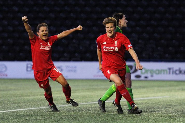 Katrín Ómarsdóttir fagnar hér einu marka sinna fyrir Liverpool en hún varð tvisvar sinnum enskur meistari með félaginu.