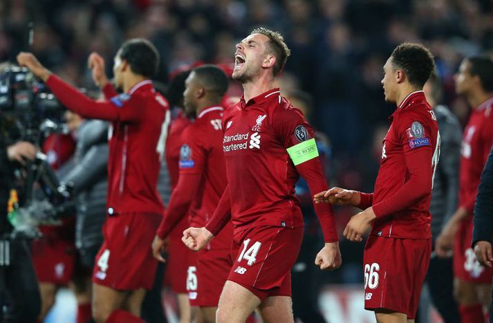 Jordan Henderson fagnar sigri Liverpool á Barcelona í fyrravor.