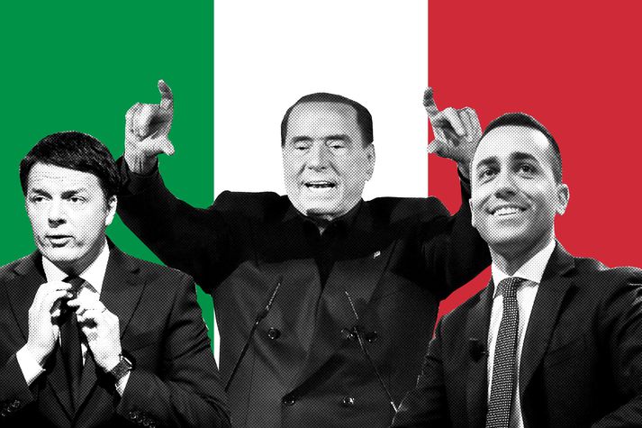 Matteo Renzi, formaður Lýðræðisflokksins, Silvio Berlusconi, formaður Forza Italia, og Luigi Di Maio, leiðtogi Fimmstjörnuhreyfingarinnar, keppast um hylli kjósenda.