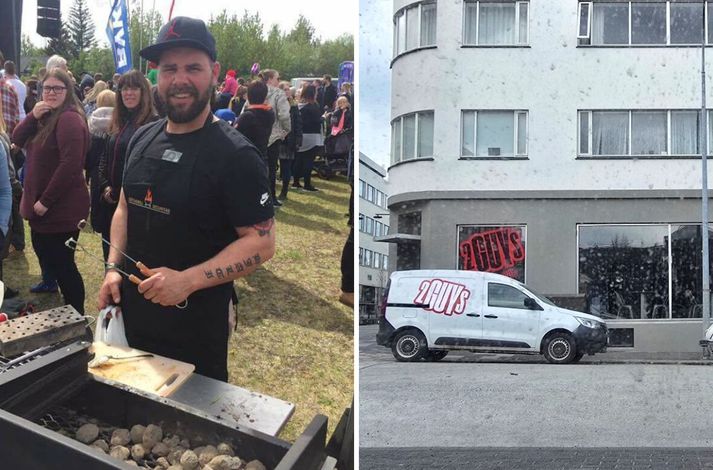 Hjalti hefur rekið 2guys á Laugavegi undanfarin ár en til hægri má sjá bíl fyrirtækisins þegar hann var sektaður.