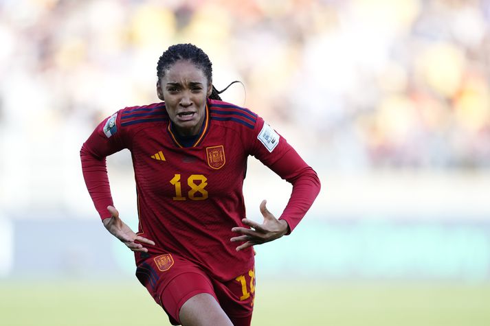 Spain v Netherlands: Quarter Final - FIFA Women's World Cup Australia & New Zealand 2023 Salma Paralluelo of Spain and Barcelona celebrates after scoring her sides first goal during the FIFA Women's World Cup Australia & New Zealand 2023 Quarter Final match between Spain and Netherlands at Wellington Regional Stadium on August 11, 2023 in Wellington, New Zealand. (Photo by Jose Breton/Pics Action/NurPhoto via Getty Images)