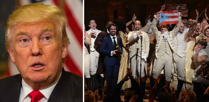 Donald Trump var ekki par sáttur með uppákomu leikhóps söngleiksins Hamilton.