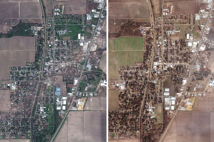 Gervihnattamyndir sýna glögglega hvernig hvirfilbylurinn fór yfir bæinn Rolling Fork í Mississippi um helgina. Myndin til vinstri var tekin eftir hamfarirnir en myndin til hægri var tekin nokkrum vikum áður.