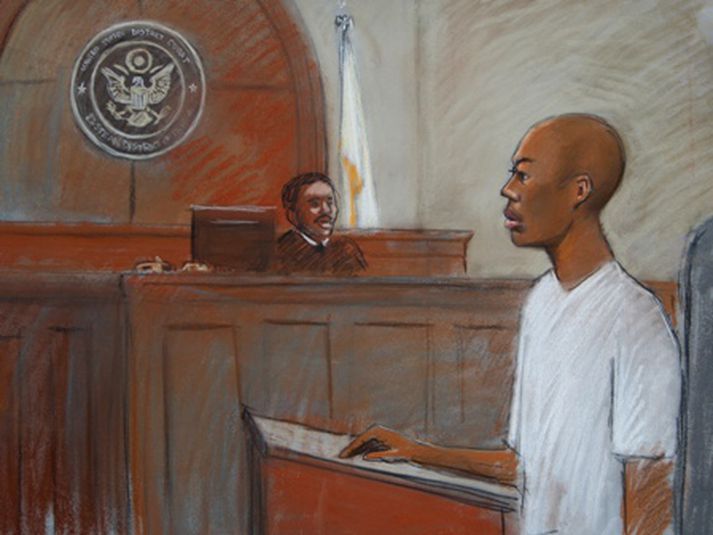 Teiknuð mynd af Umar Farouk Abdulmutallab þegar hann kom fyrir alríkisdómstól í Detroit fyrr í dag. Myndataka í dómsal er víða óheimil í Bandaríkjunum. Mynd/AP