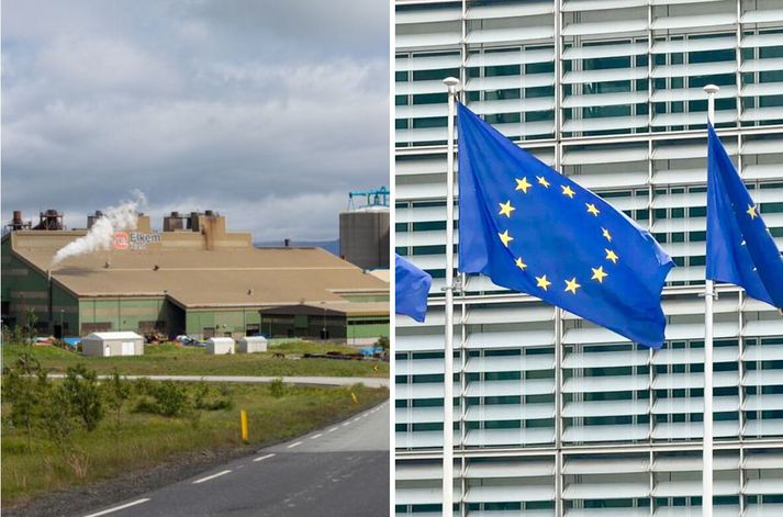 Frá kísilveri Elkem á Grundartanga. Hægra megin blaktir Evrópusambandsfáninn í Brussel.