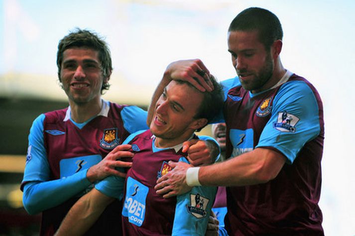 Leikmenn West Ham fagna marki Mark Noble í dag.