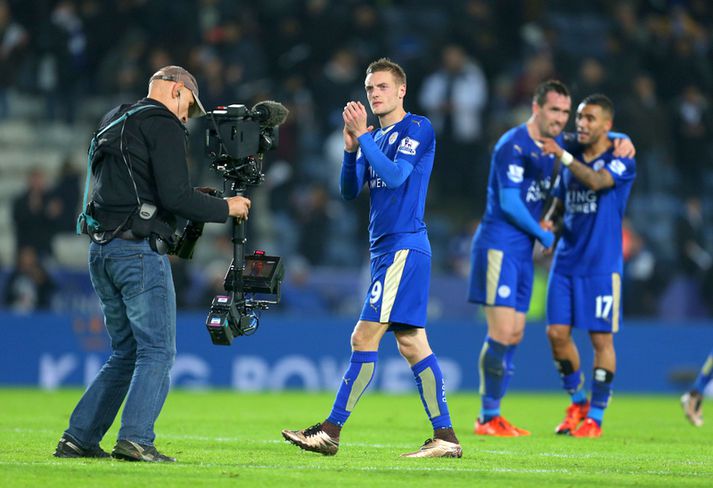Jamie Vardy fagnar eftir sigur sinna manna í gær.