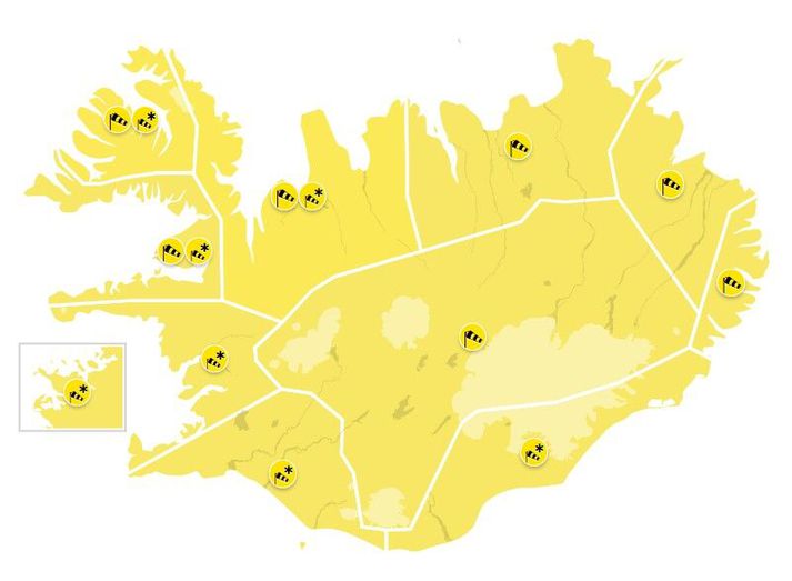 Gular viðvaranir munu taka gildi um allt land á næsta sólarhring.