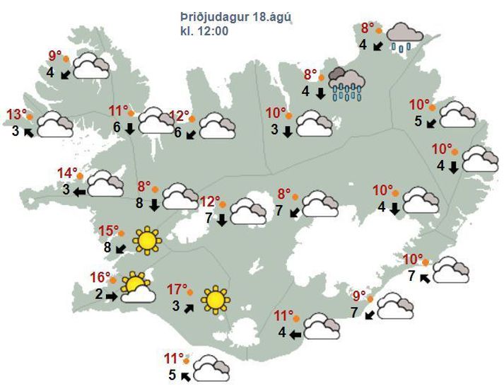 Spákort Veðurstofunnar fyrir hádegið í dag eins og það leit út í morgun.