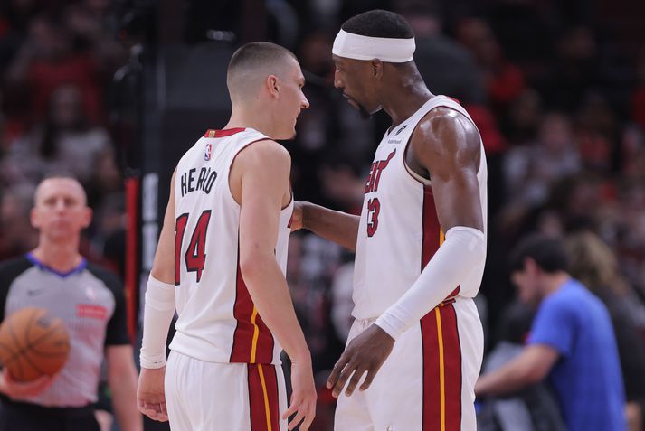 Tyler Herro og Bam Adebayo ætla sér í úrslitakeppni NBA-deildarinnar.