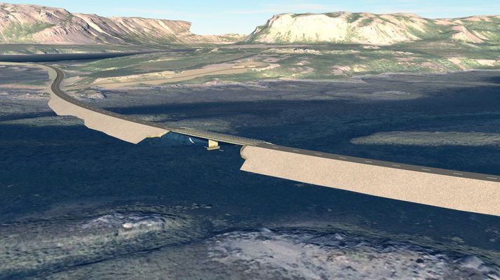 Minni brúin yfir Djúpafjörð verður 58 metra löng. Fjær sést fyrirhugaður áningarstaður við eyðibýlið á Grónesi, milli Gufufjarðar og Djúpafjarðar.