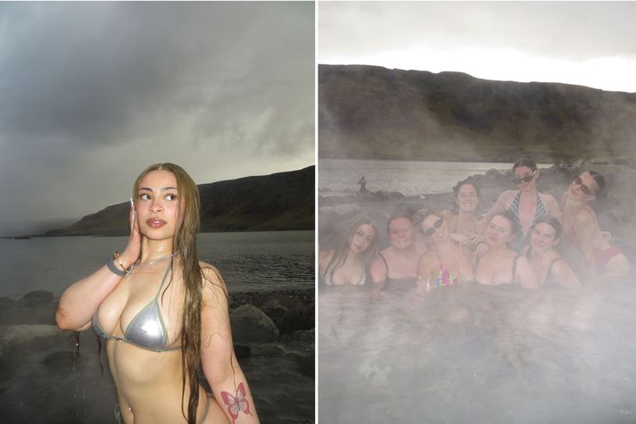 Stelpunar nutu sín í pottinum í Hvammsvík. 
