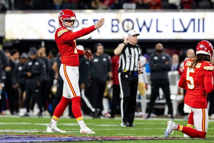 Harrison Butker spilaði stóran þátt í sigri Chiefs í Ofurskálinni á þessu ári.