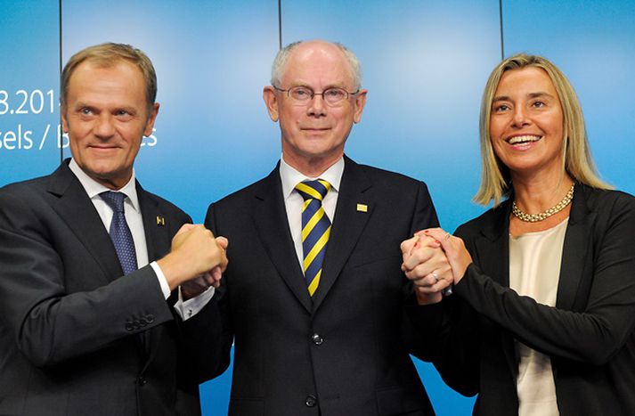 Frá vinstri: Tusk, van Rompuy og Mogherini á fundinum í dag.