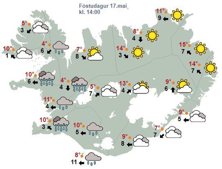 Spáð er rigningu á Suður- og Vesturlandi.