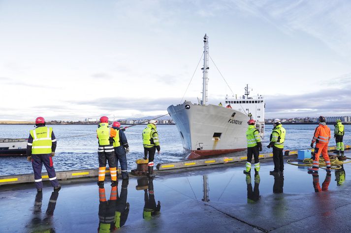 Fjordvik við það að leggja að bryggju í Hafnarfirði í dag.