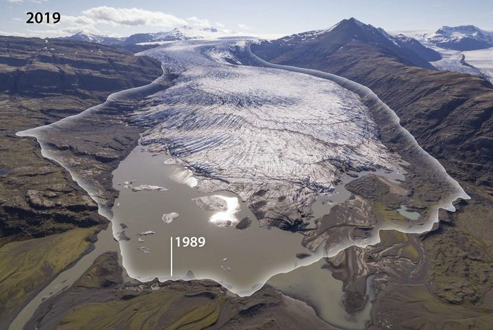 Þrívíddarlíkan sýnir hvernig Skálafellsjökull, sem er austan við Skaftafellsjökul, hefur breyst milli áranna 1989 og 2019.