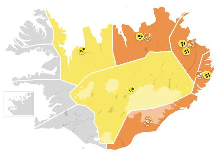 Hér má sjá þau svæði þar sem gular og appelsínugular viðvaranir taka gildi á morgun og hinn.
