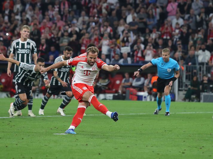 Harry Kane skoraði úr vítaspyrnu fyrir Bayern Munchen í kvöld.