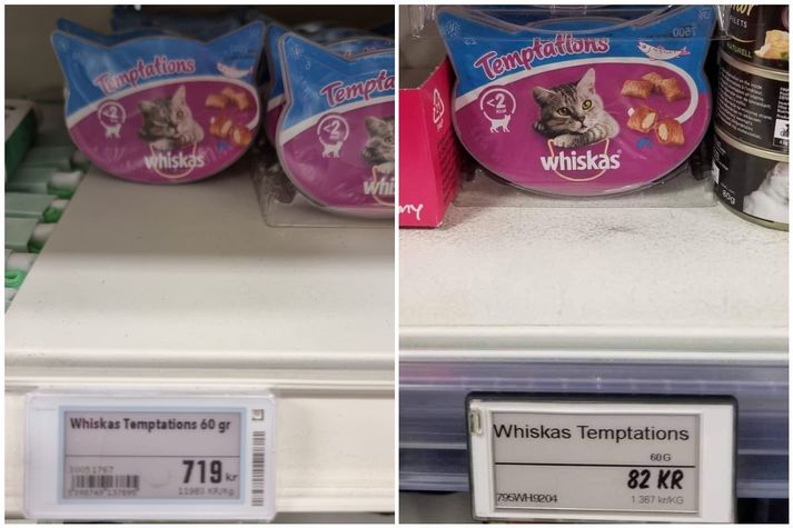 Verð á kattanammi frá Whiskas er nær níuhundruð prósent hærra í Kjörbúðinni á Hellu en í Fjarðarkaupum.