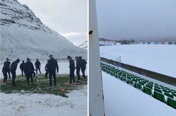 Eins og sjá má er varla hægt að æfa fótbolta fyrir vestan þessa dagana og halda leikmenn Vestra því til Borgarness á morgun. Vinstri myndin er frá æfingu á Skeiðisvelli í Bolungarvík.