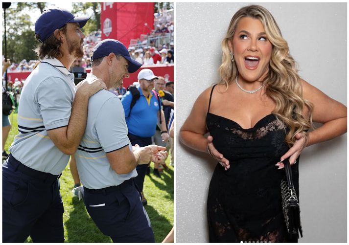 Það var ekki auðvelt að vera Rory McIlroy á Ryderbikarnum en hér er hann með liðsfélaga sínum Tommy Fleetwood. Til hliðar má sjá grínistann Heather McMahan.