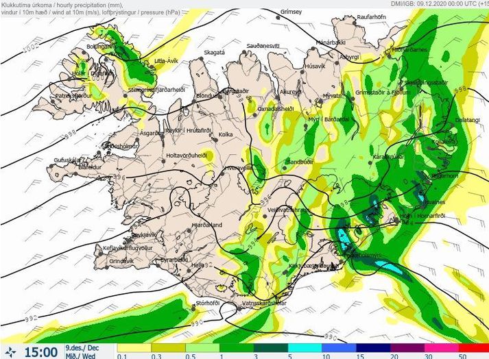 Eins og sést á þessu úrkomuspákorti Veðurstofunnar fyrir klukkan 15 í dag verður ofankoman að mestu leyti bundin við austurhelming landsins.