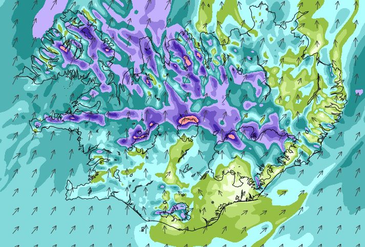Vindaspá Veðurstofunnar fyrir miðnætti í nótt.