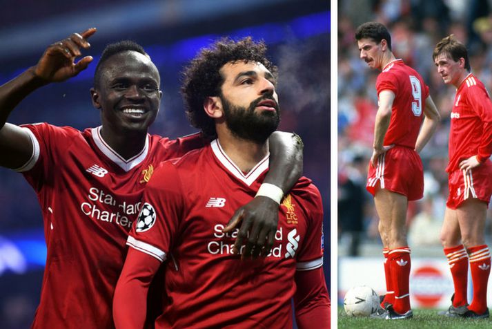 Sadio Mané og Mohamed Salah fagna en til hægri eru þeir Ian Rush og Kenny Dalglish.