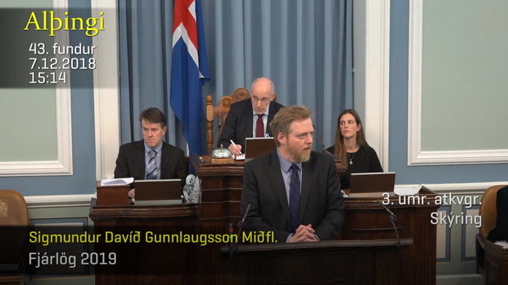 Sigmundur Davíð Gunnlaugsson í pontu. Fyrir aftan hann má sjá forseta Alþingis gjóa augunum út í þingsal en ætla má að hann sé að fylgjast með þingkonunum sem þá voru á leið út úr salnum.