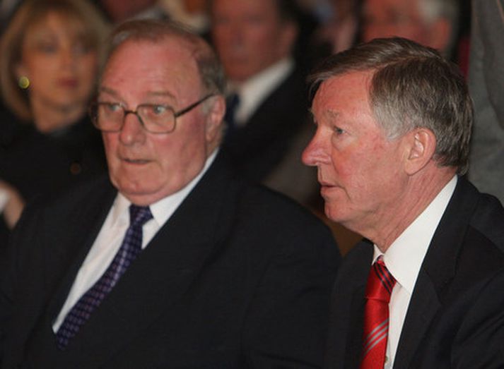 Alex Ferguson og Albert Scanlon á samkomu í fyrra þegar þess var minnst að 50 ár voru liðin frá flugslysinu í München.